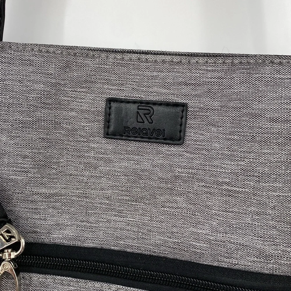 REIAVEL Gray Tote Bag Laptop Grey Canvas Black Leather USB Plug‎ Office Purse